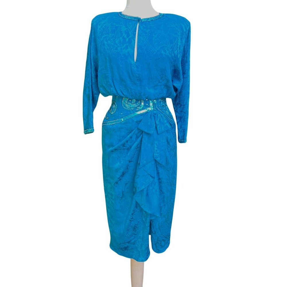 Vtg‎ A J Barre 6 Blue Silk Dress Sequin Bow Ruffle 80s Formal Event Party Glam